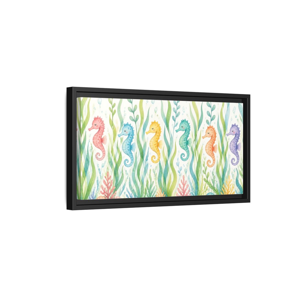 Side Mockup 8. Rainbow Seahorse Parade shown as framed canvas print