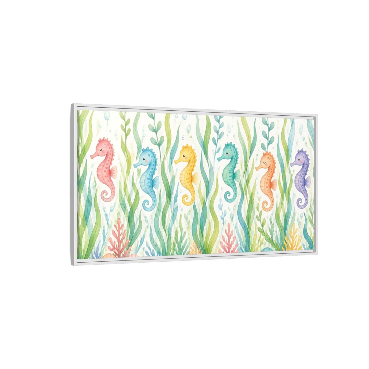 Side Mockup 3. Rainbow Seahorse Parade shown as framed canvas print
