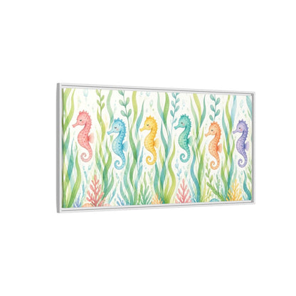 Side Mockup 3. Rainbow Seahorse Parade shown as framed canvas print