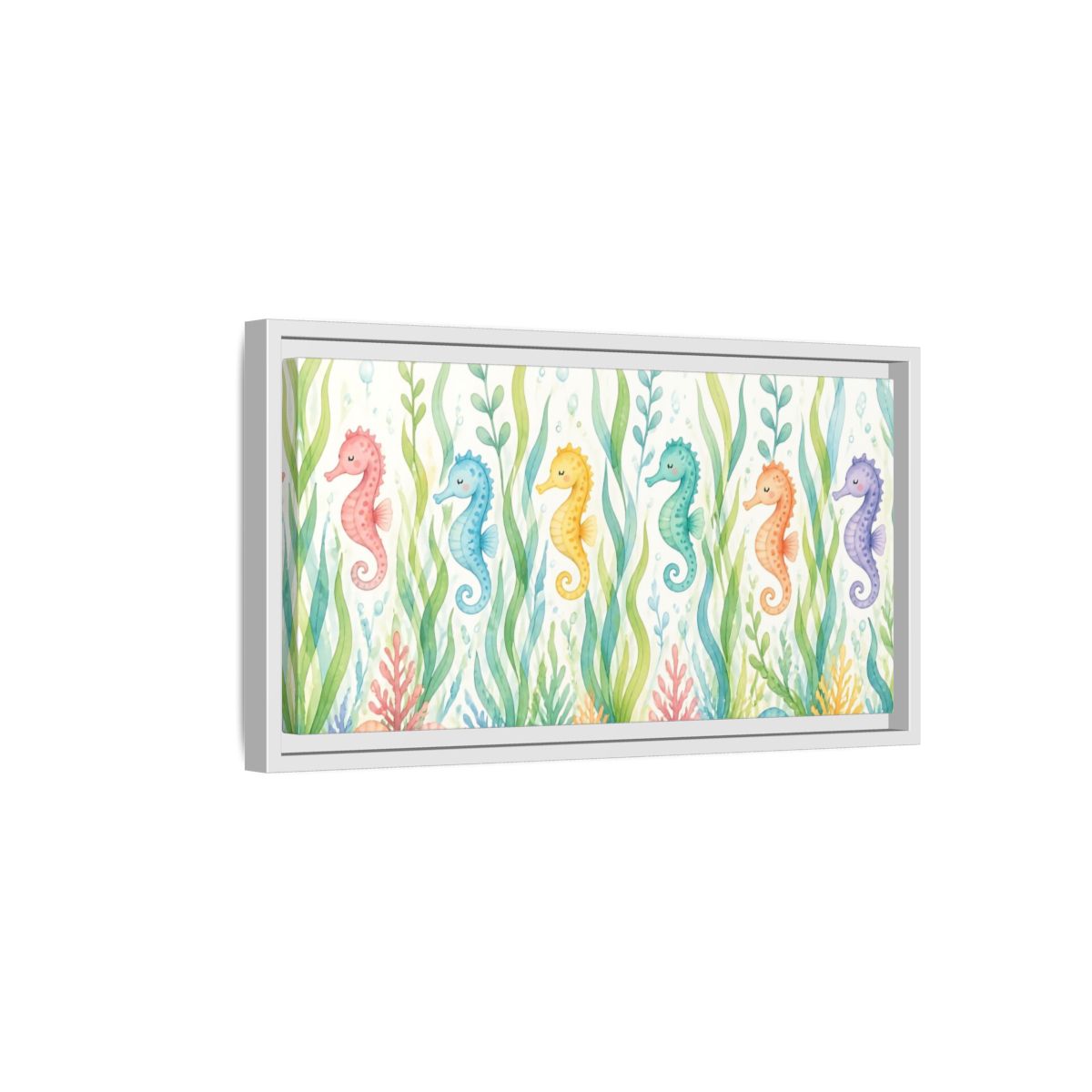 Side Mockup 6. Rainbow Seahorse Parade shown as framed canvas print