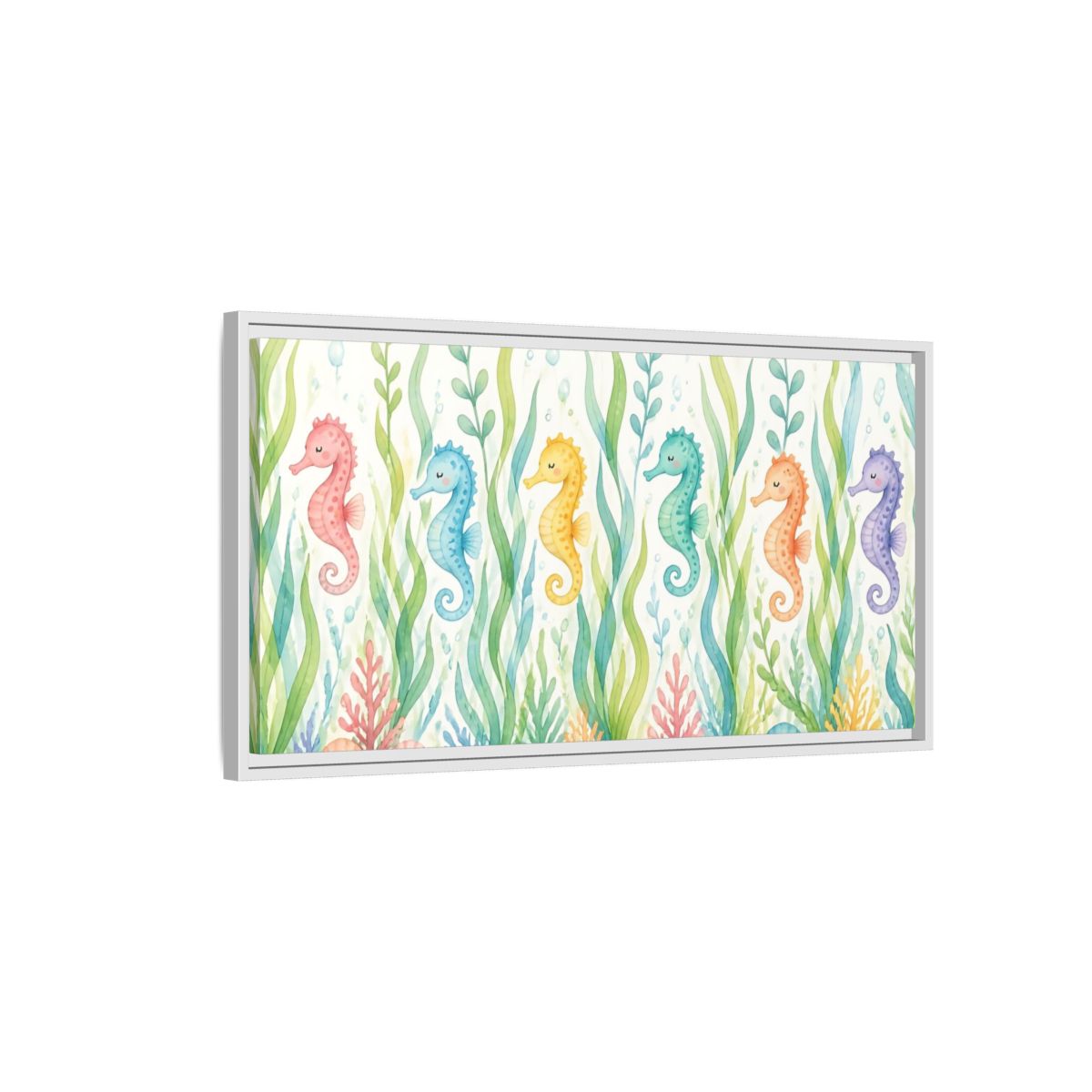 Side Mockup 1. Rainbow Seahorse Parade shown as framed canvas print