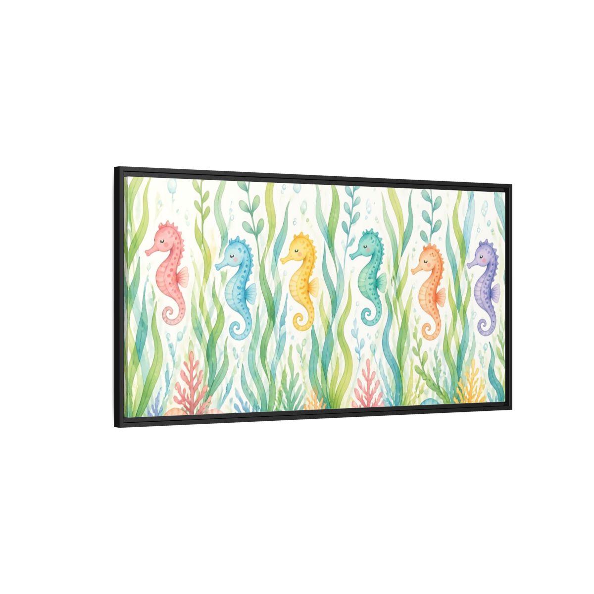 Side Mockup 5. Rainbow Seahorse Parade shown as framed canvas print