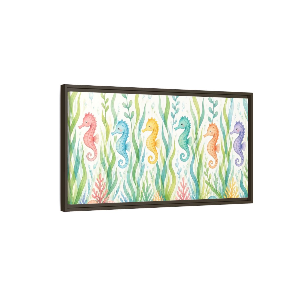 Main Mockup. Rainbow Seahorse Parade shown as framed canvas print
