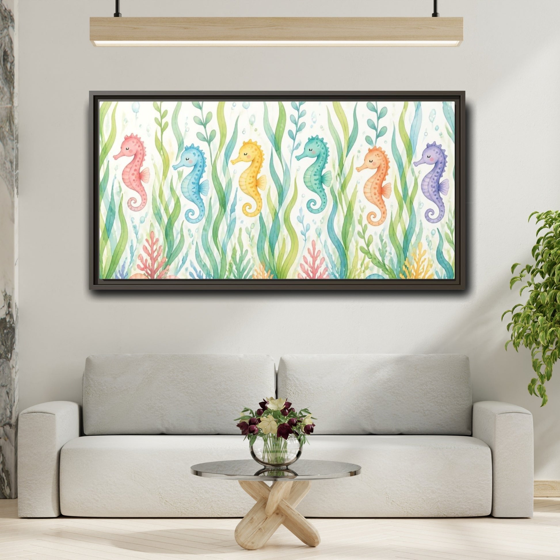 Mockup 2. Rainbow Seahorse Parade shown as framed canvas print