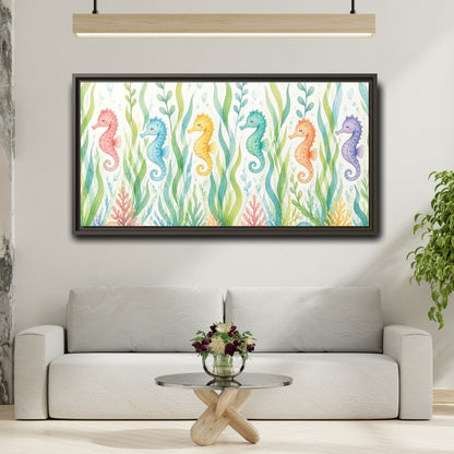 Mockup 2. Rainbow Seahorse Parade shown as framed canvas print