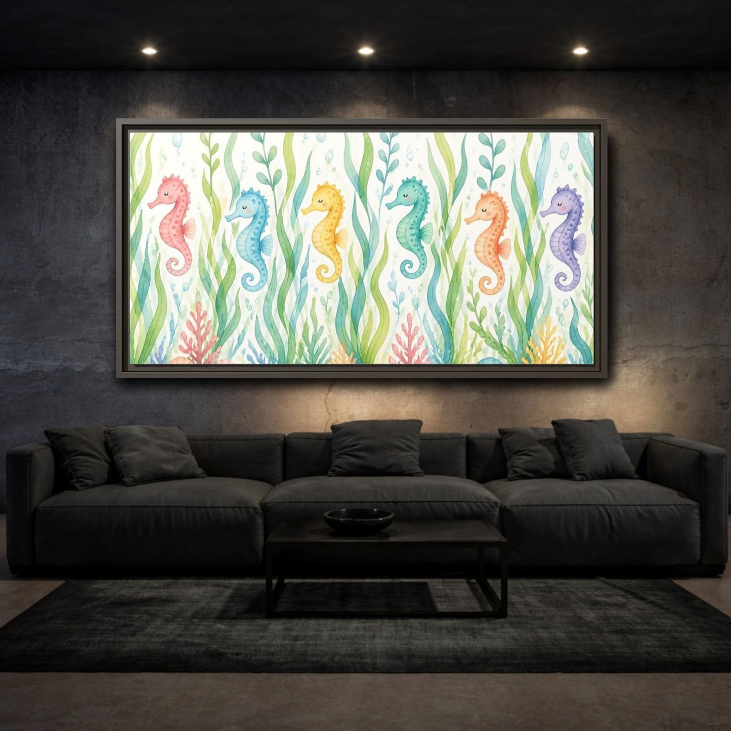 Mockup 3. Rainbow Seahorse Parade shown as framed canvas print