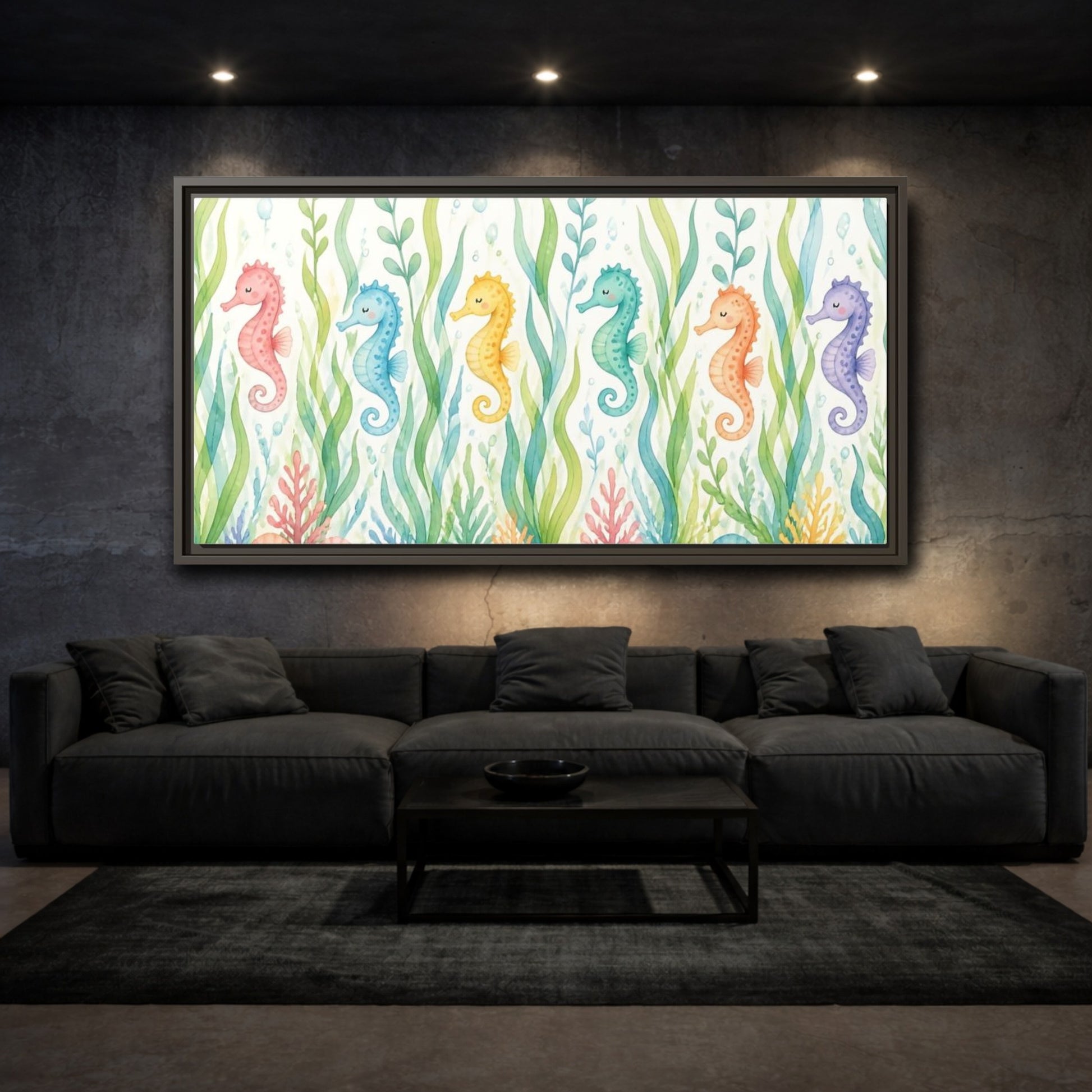 Mockup 3. Rainbow Seahorse Parade shown as framed canvas print