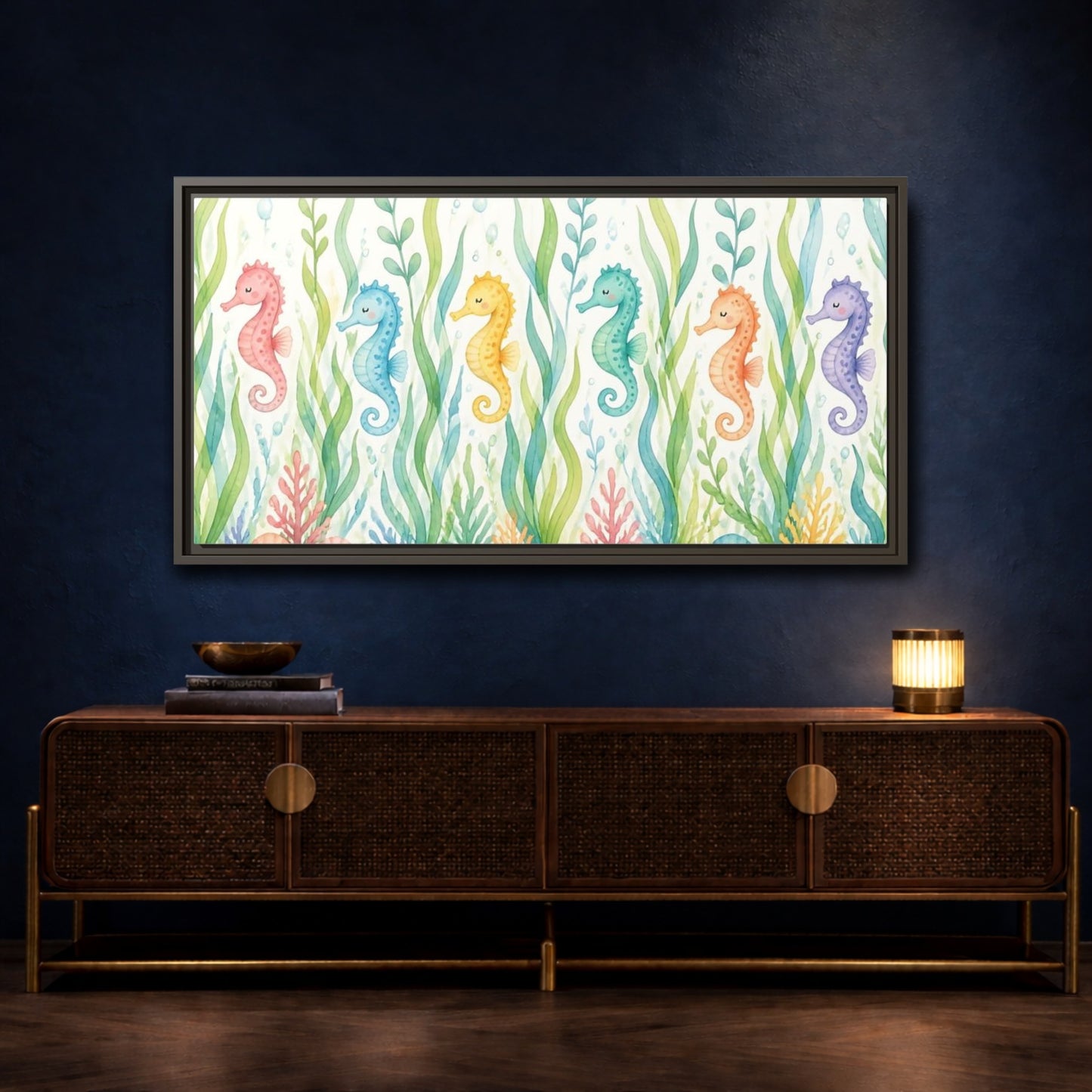 Mockup 4. Rainbow Seahorse Parade shown as framed canvas print