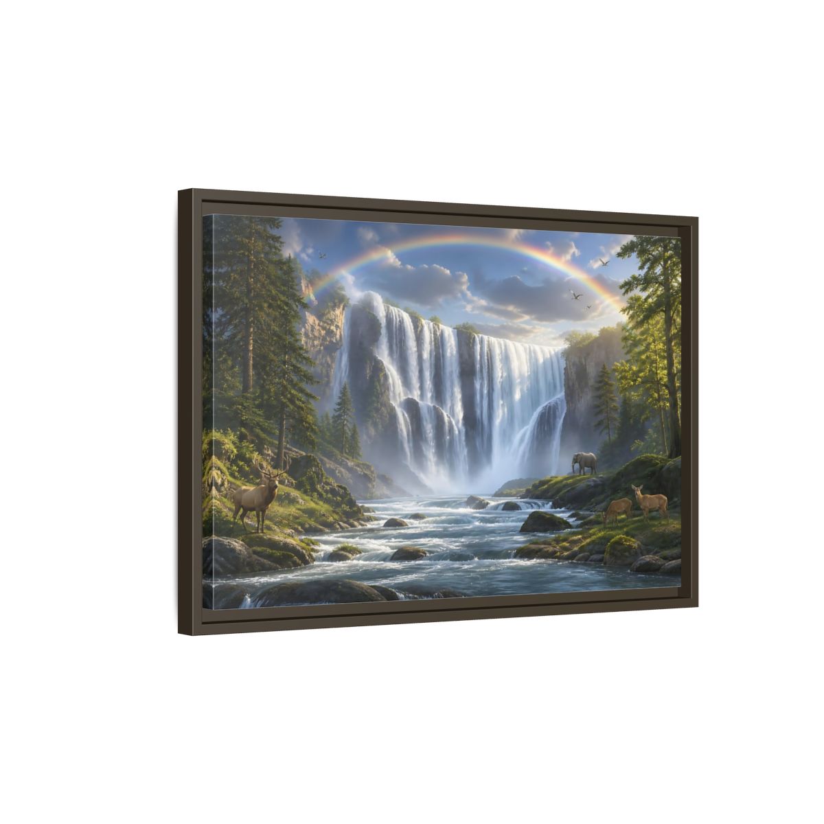 Side Mockup 2. Rainbow Waterfall With Wildlife shown as framed canvas print