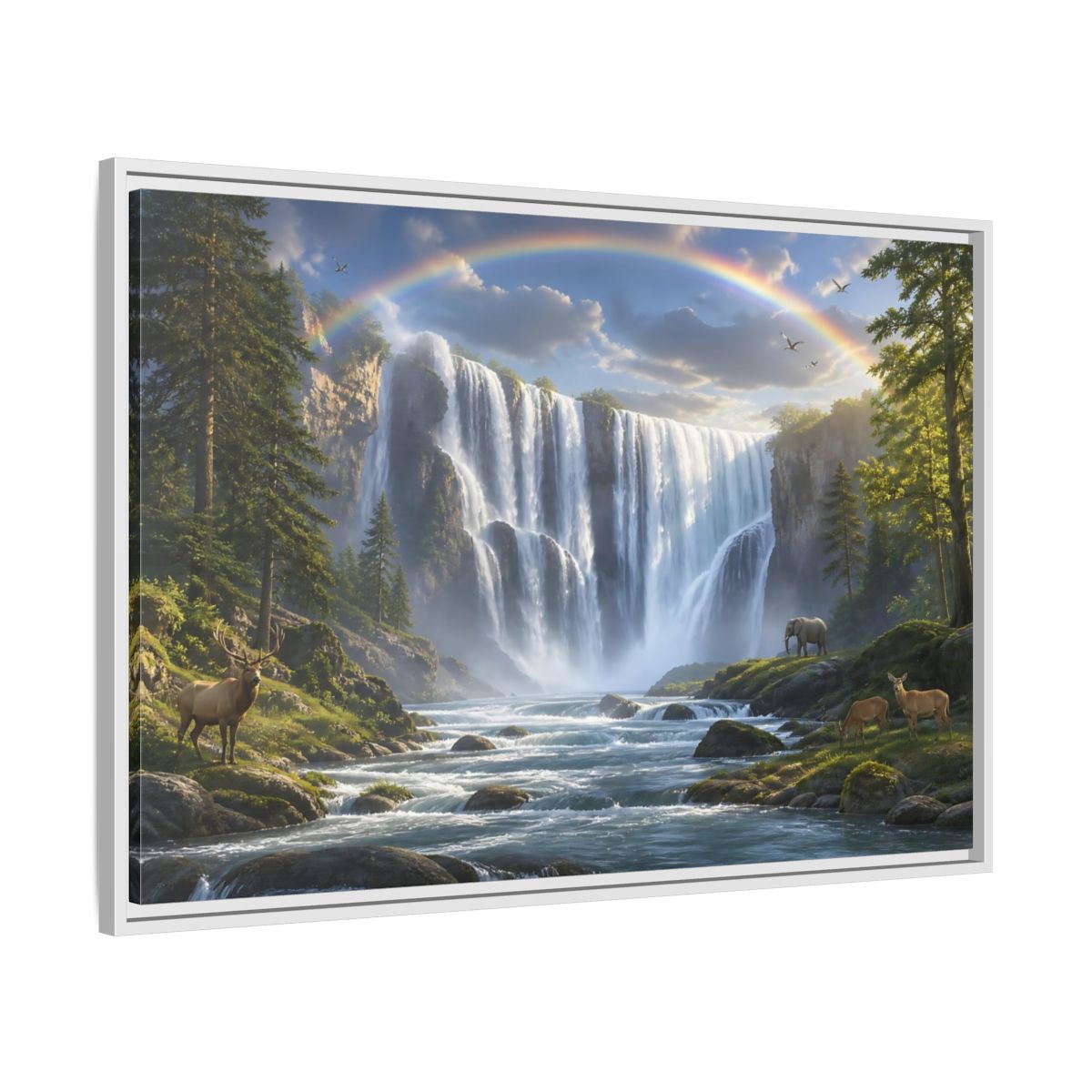 Side Mockup 9. Rainbow Waterfall With Wildlife shown as framed canvas print