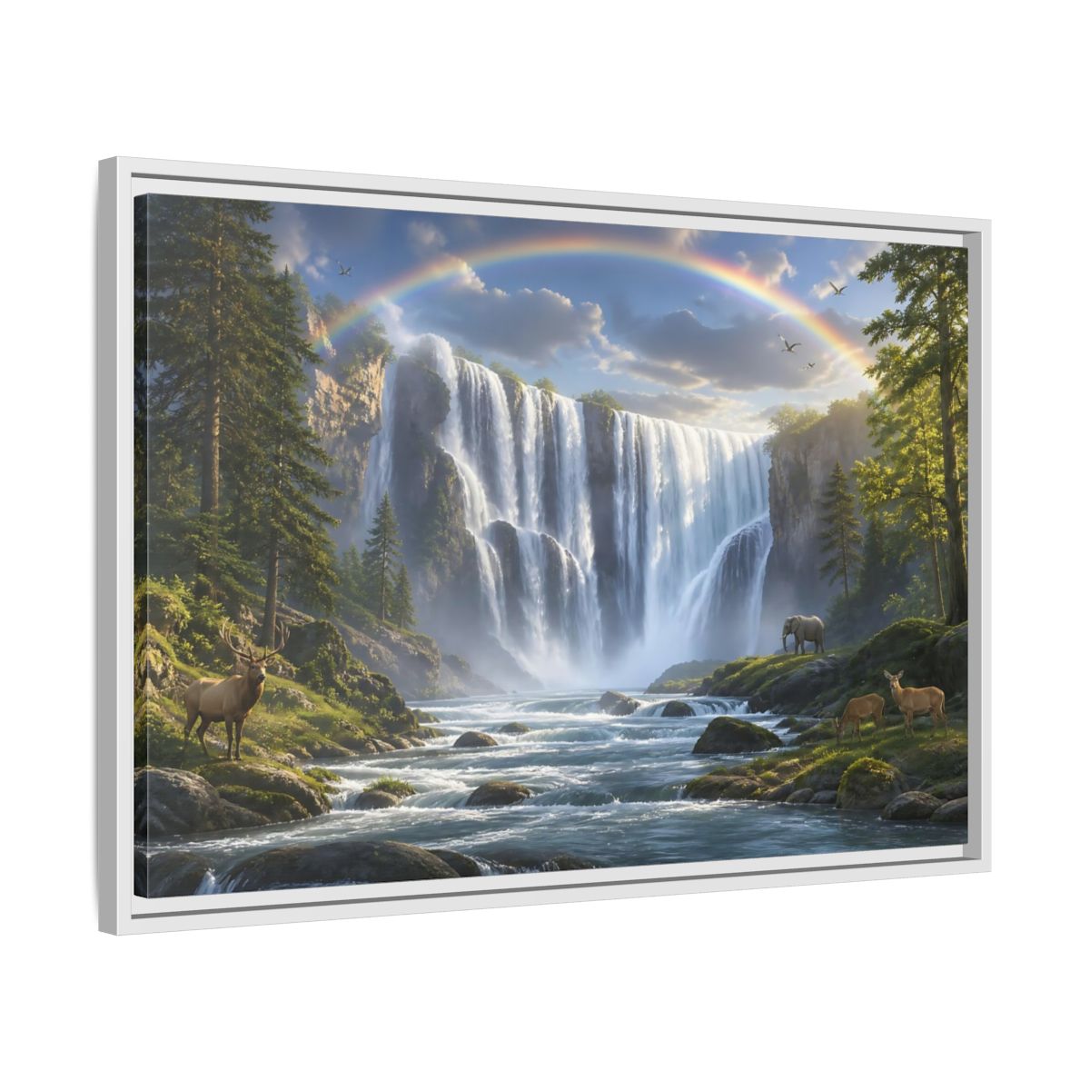 Side Mockup 10. Rainbow Waterfall With Wildlife shown as framed canvas print
