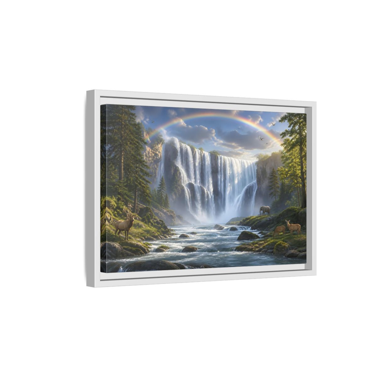 Side Mockup 4. Rainbow Waterfall With Wildlife shown as framed canvas print