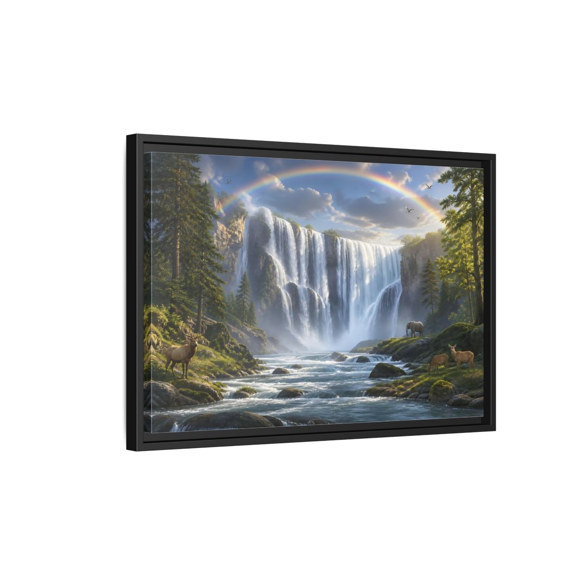 Side Mockup 3. Rainbow Waterfall With Wildlife shown as framed canvas print