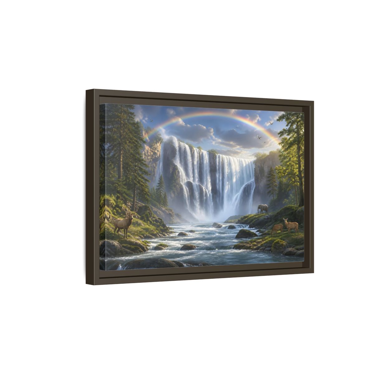 Side Mockup 5. Rainbow Waterfall With Wildlife shown as framed canvas print