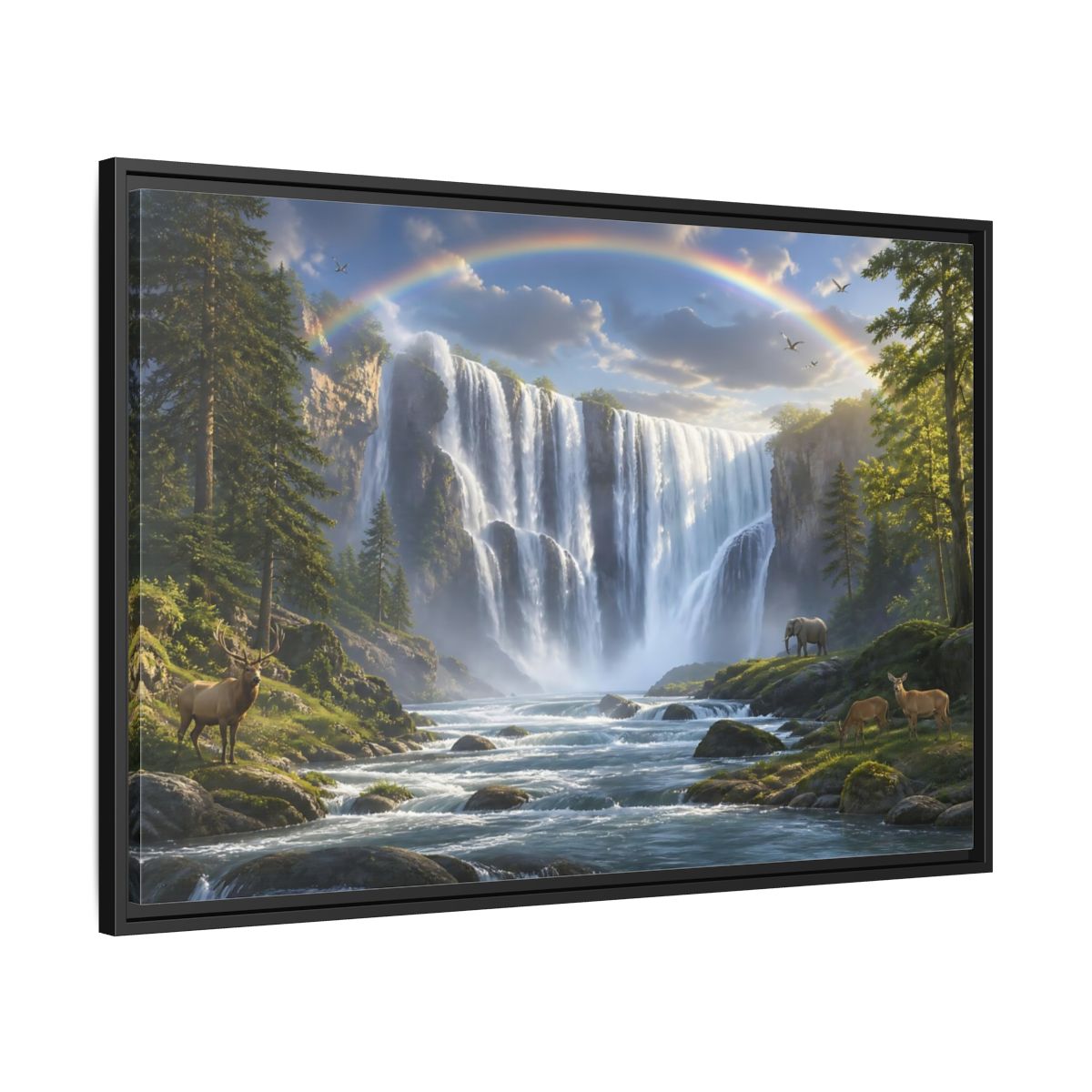 Side Mockup 13. Rainbow Waterfall With Wildlife shown as framed canvas print