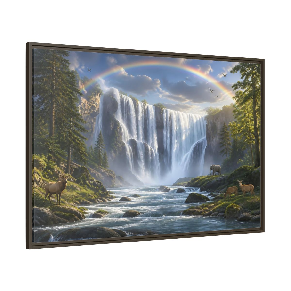 Side Mockup 8. Rainbow Waterfall With Wildlife shown as framed canvas print