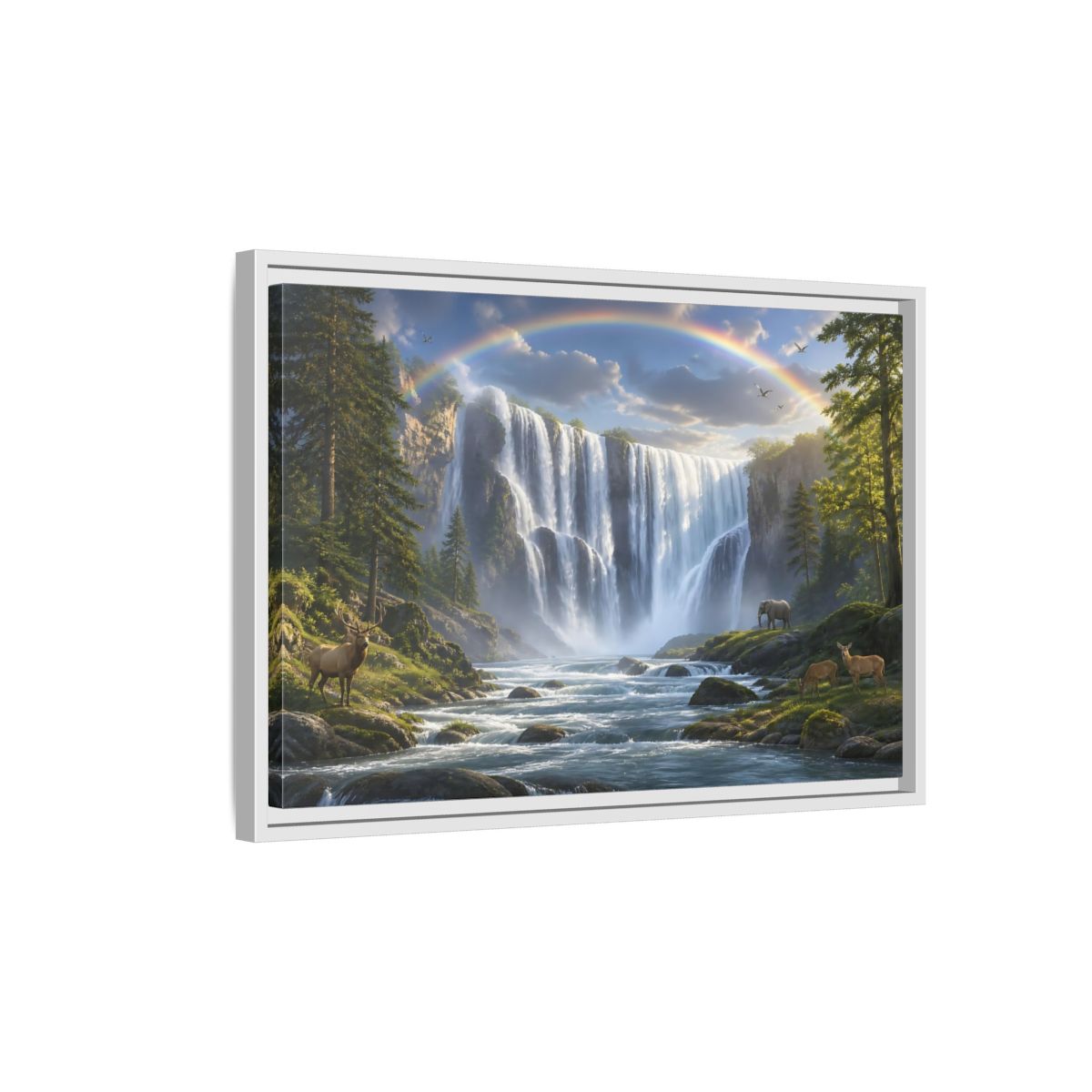 Side Mockup 1. Rainbow Waterfall With Wildlife shown as framed canvas print