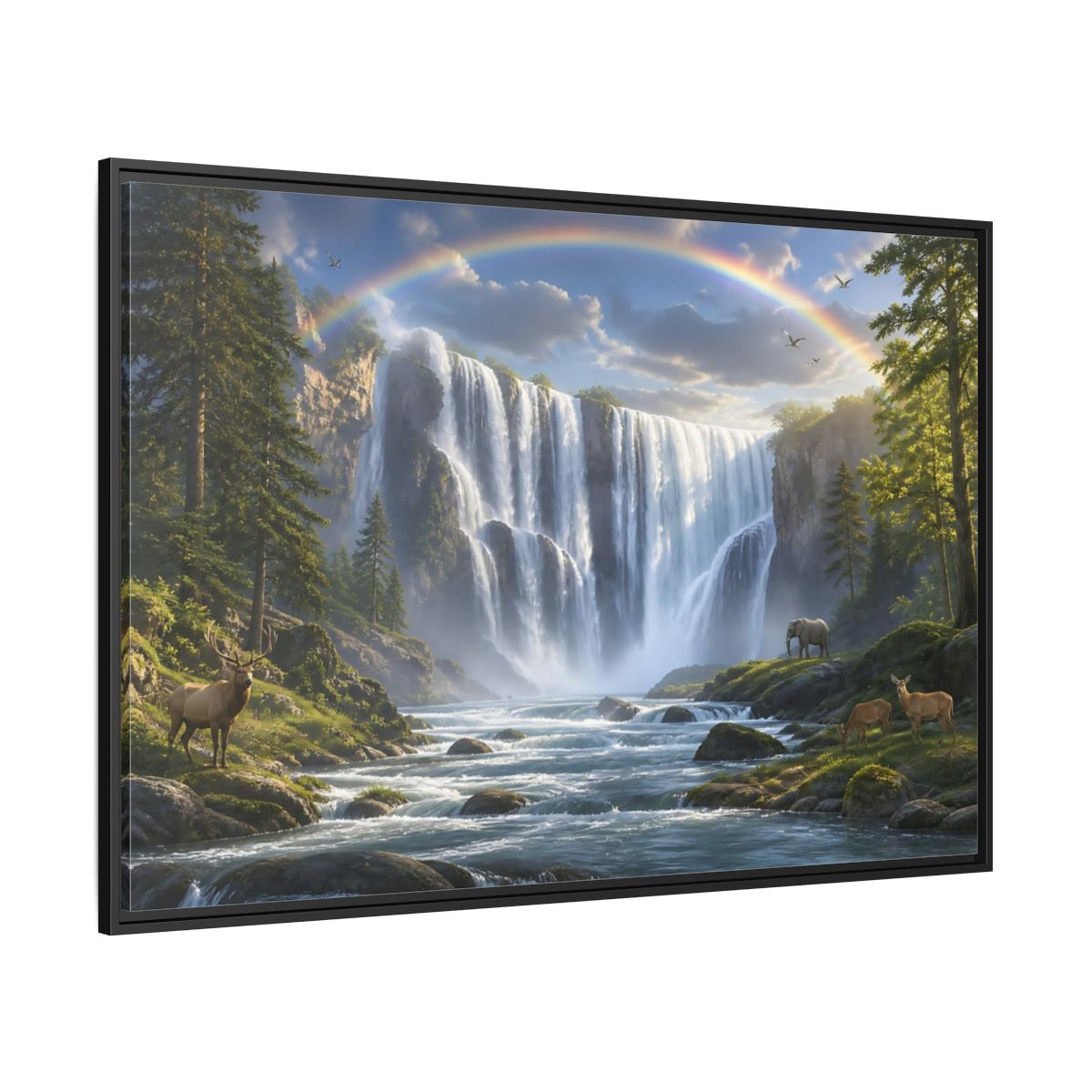 Side Mockup 12. Rainbow Waterfall With Wildlife shown as framed canvas print
