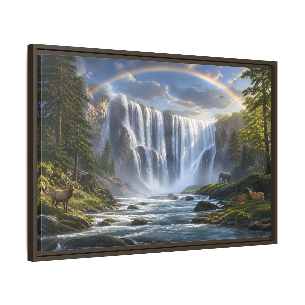 Side Mockup 11. Rainbow Waterfall With Wildlife shown as framed canvas print