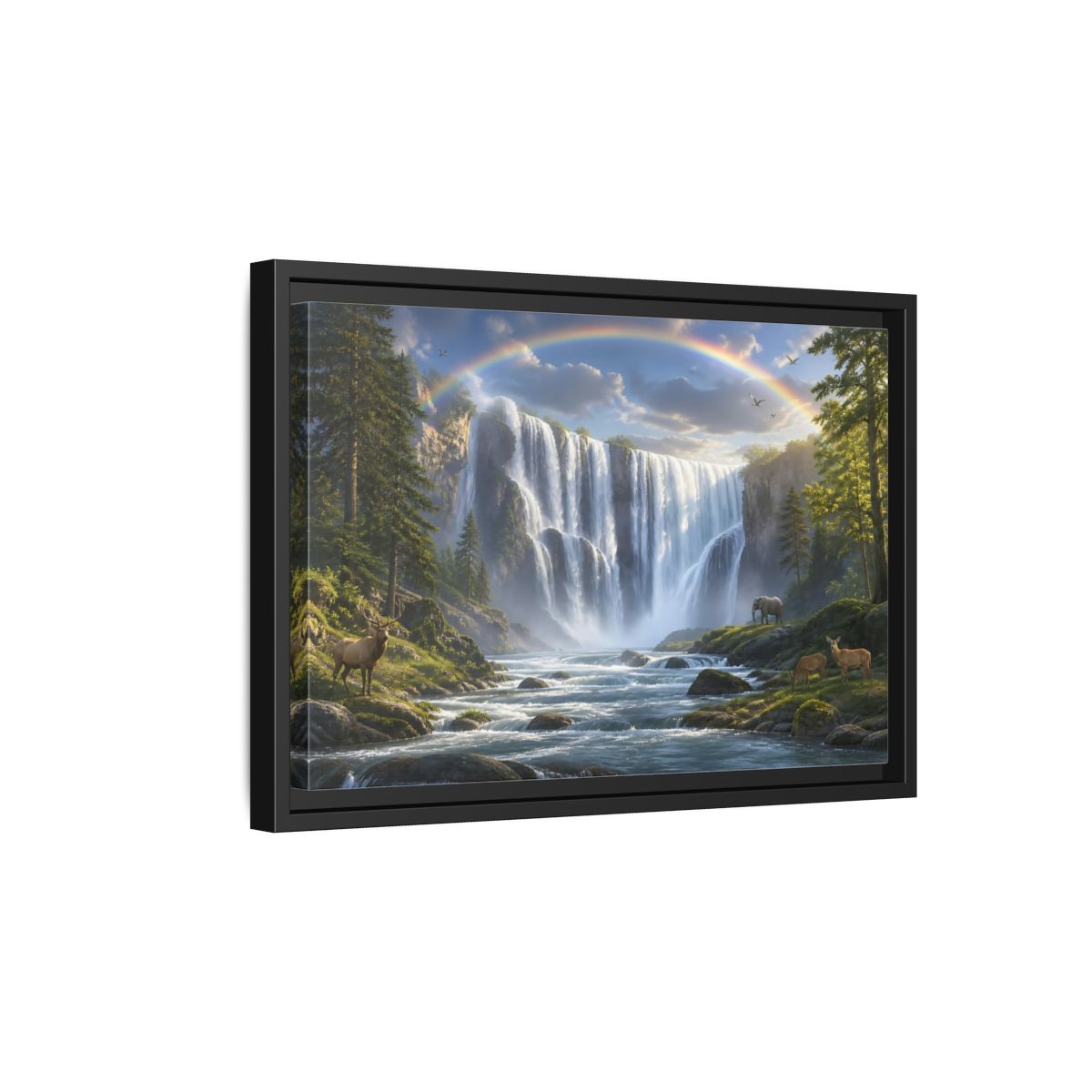 Side Mockup 6. Rainbow Waterfall With Wildlife shown as framed canvas print