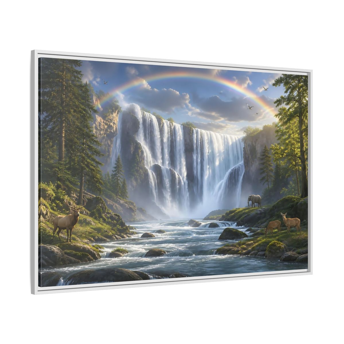 Side Mockup 7. Rainbow Waterfall With Wildlife shown as framed canvas print