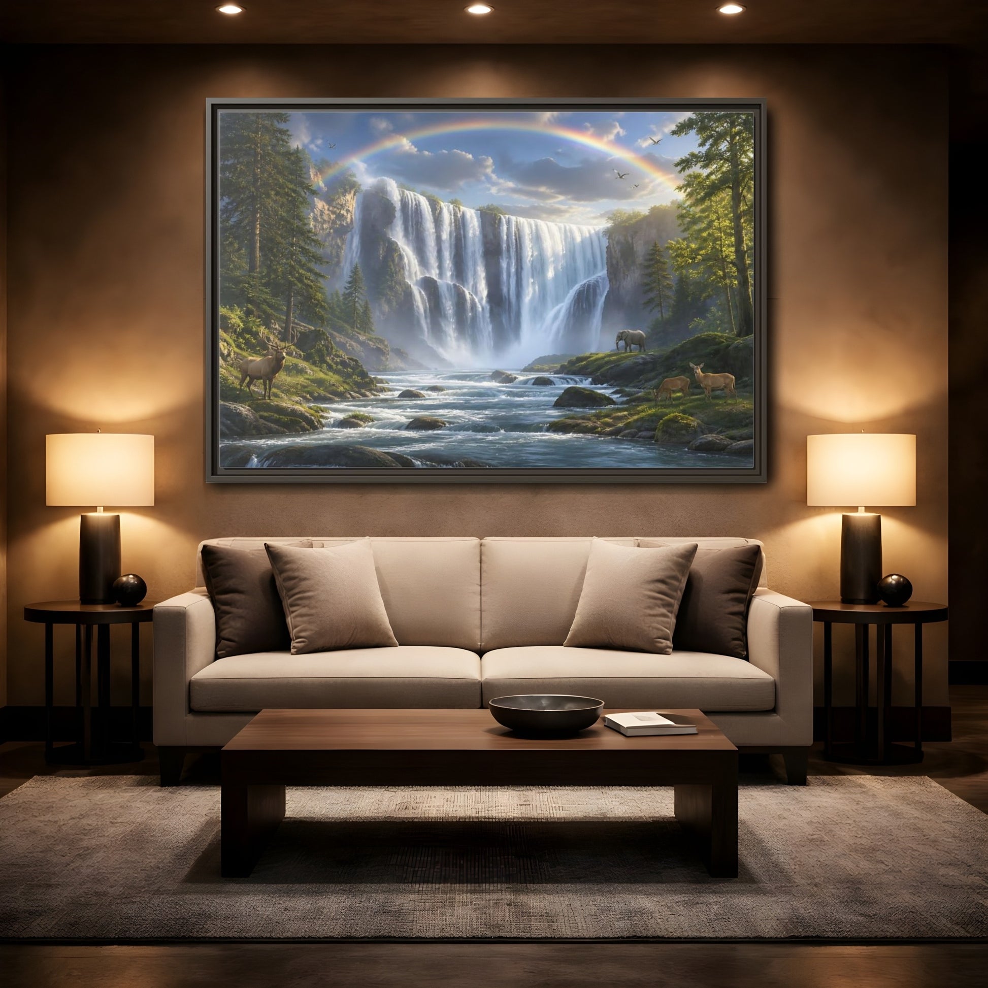 Mockup 2. Rainbow Waterfall With Wildlife shown as framed canvas print