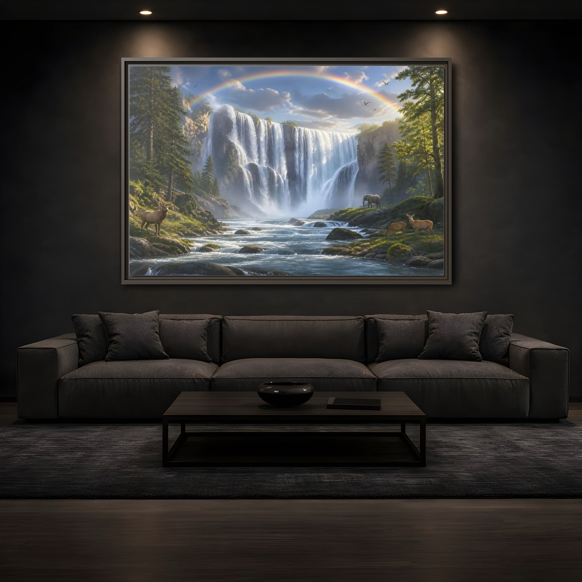 Mockup 3. Rainbow Waterfall With Wildlife shown as framed canvas print