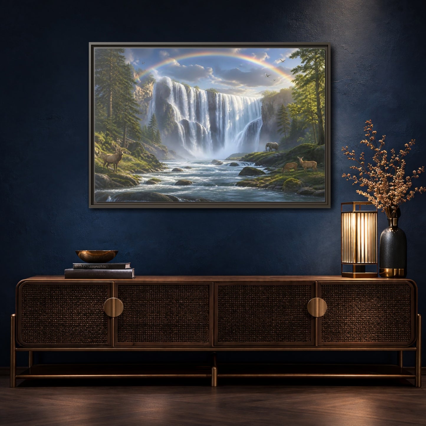 Mockup 4. Rainbow Waterfall With Wildlife shown as framed canvas print
