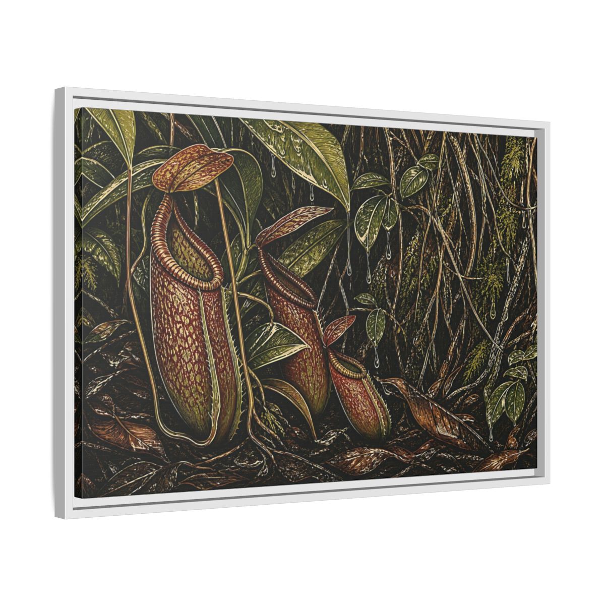Side Mockup 10. Rainforest Pitcher Plants shown as framed canvas print