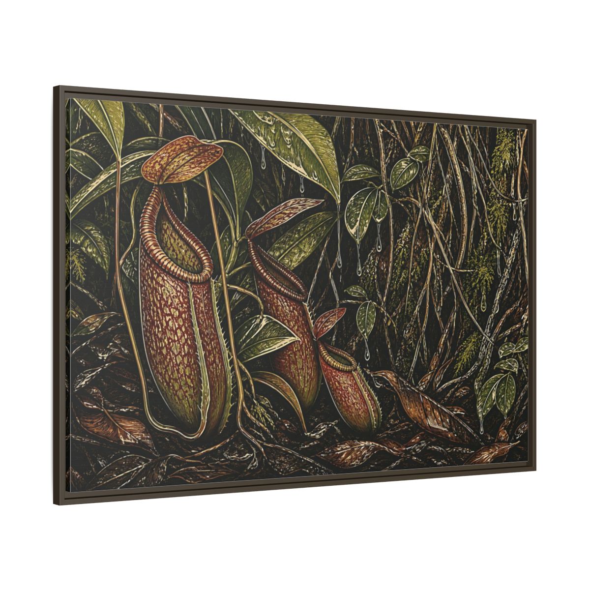 Side Mockup 8. Rainforest Pitcher Plants shown as framed canvas print