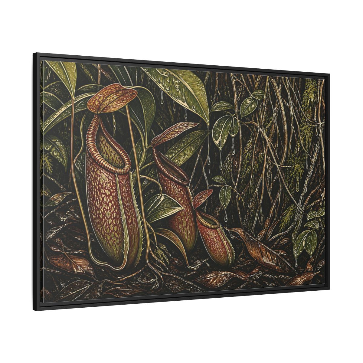 Side Mockup 12. Rainforest Pitcher Plants shown as framed canvas print