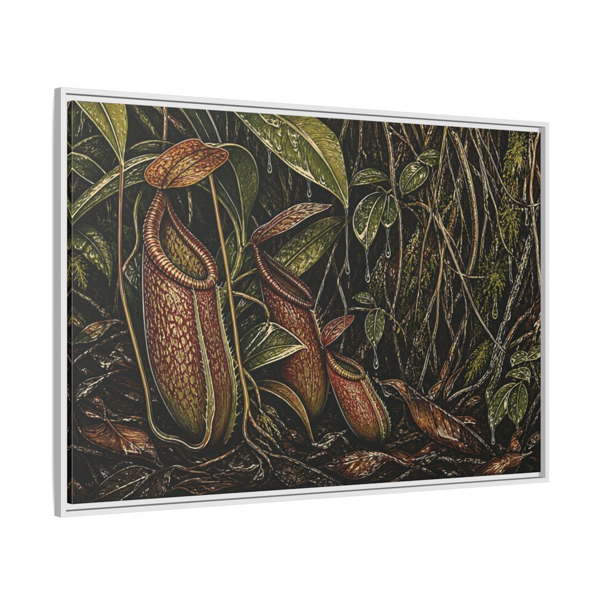 Side Mockup 7. Rainforest Pitcher Plants shown as framed canvas print