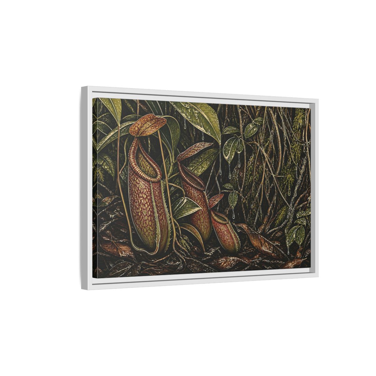Side Mockup 1. Rainforest Pitcher Plants shown as framed canvas print