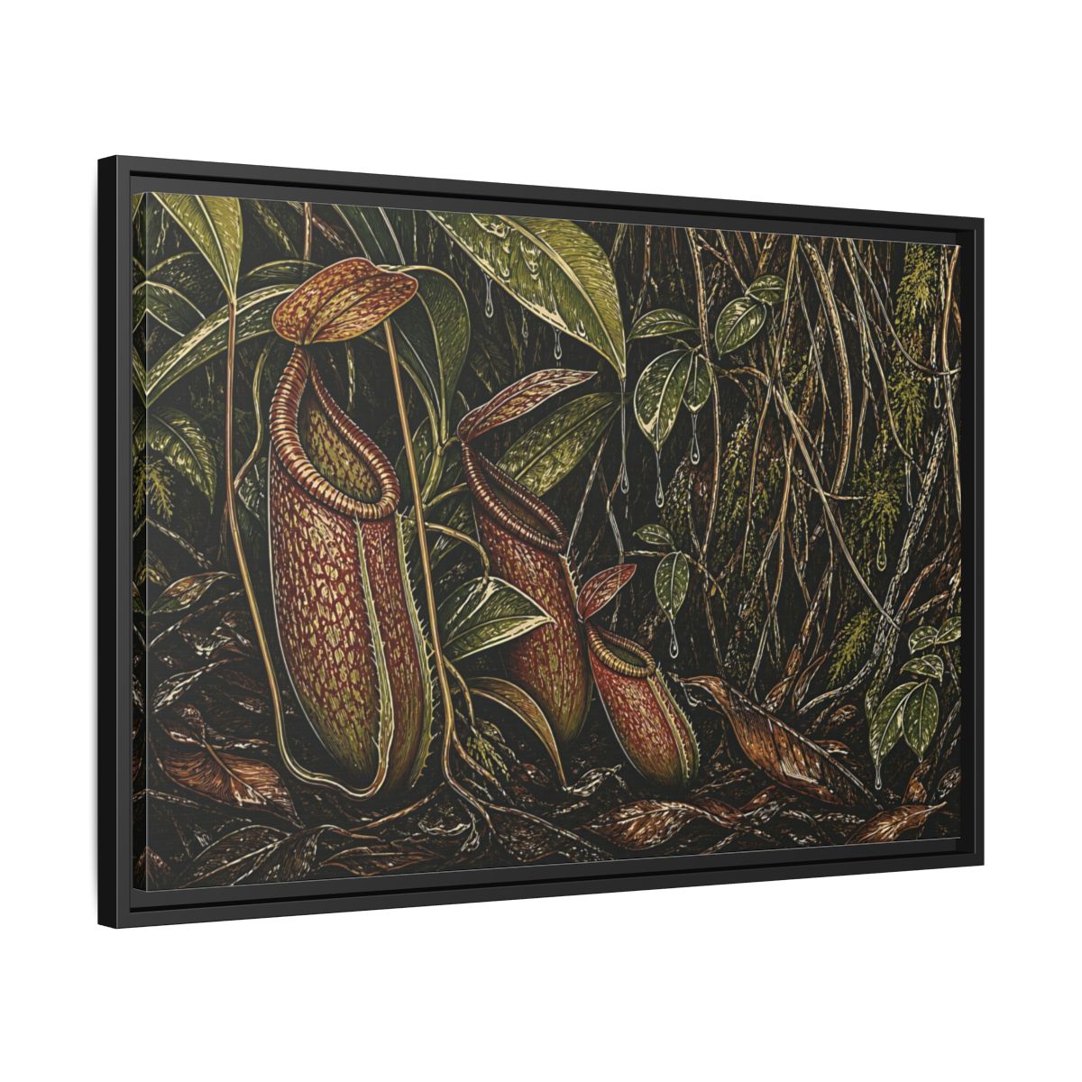 Side Mockup 14. Rainforest Pitcher Plants shown as framed canvas print