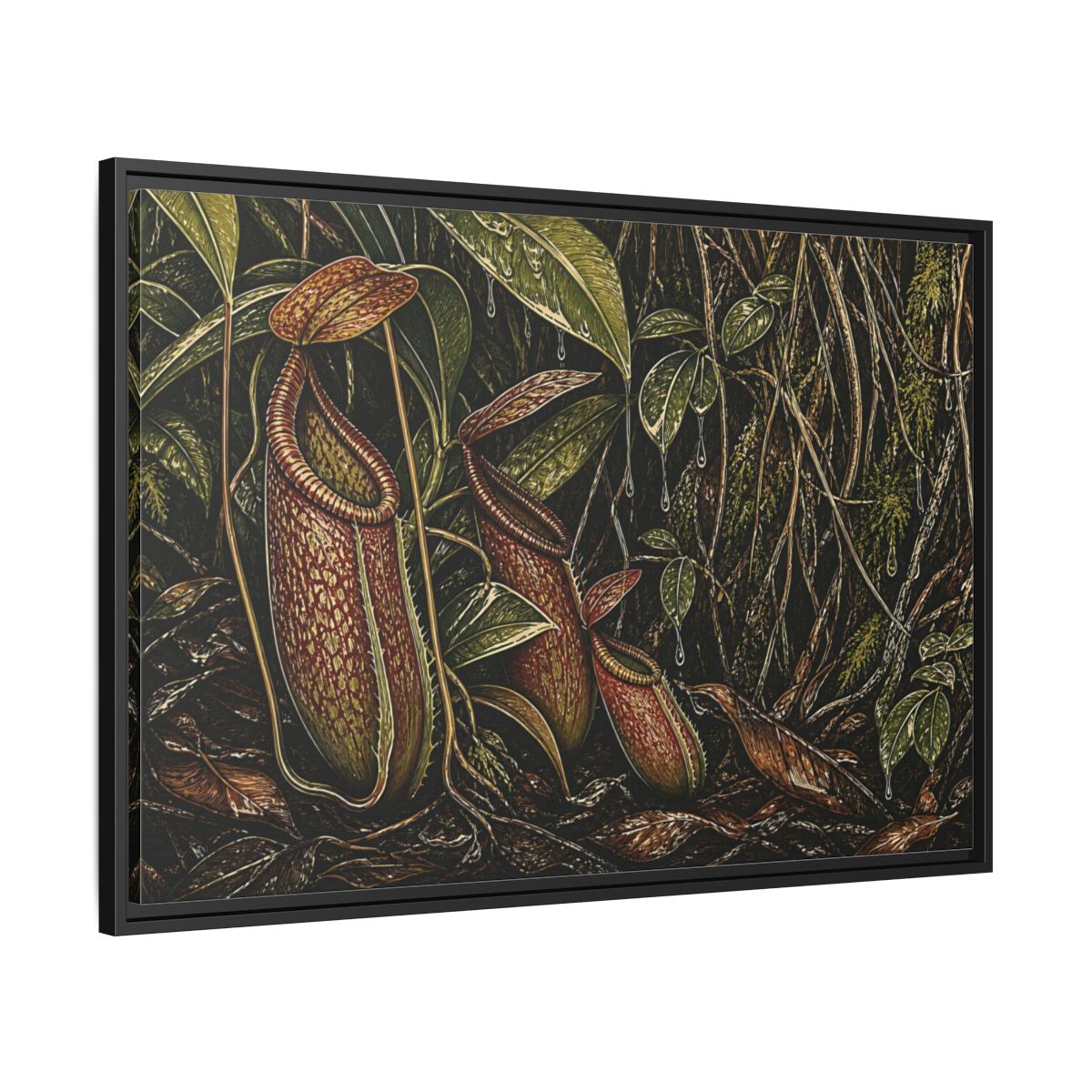 Side Mockup 13. Rainforest Pitcher Plants shown as framed canvas print
