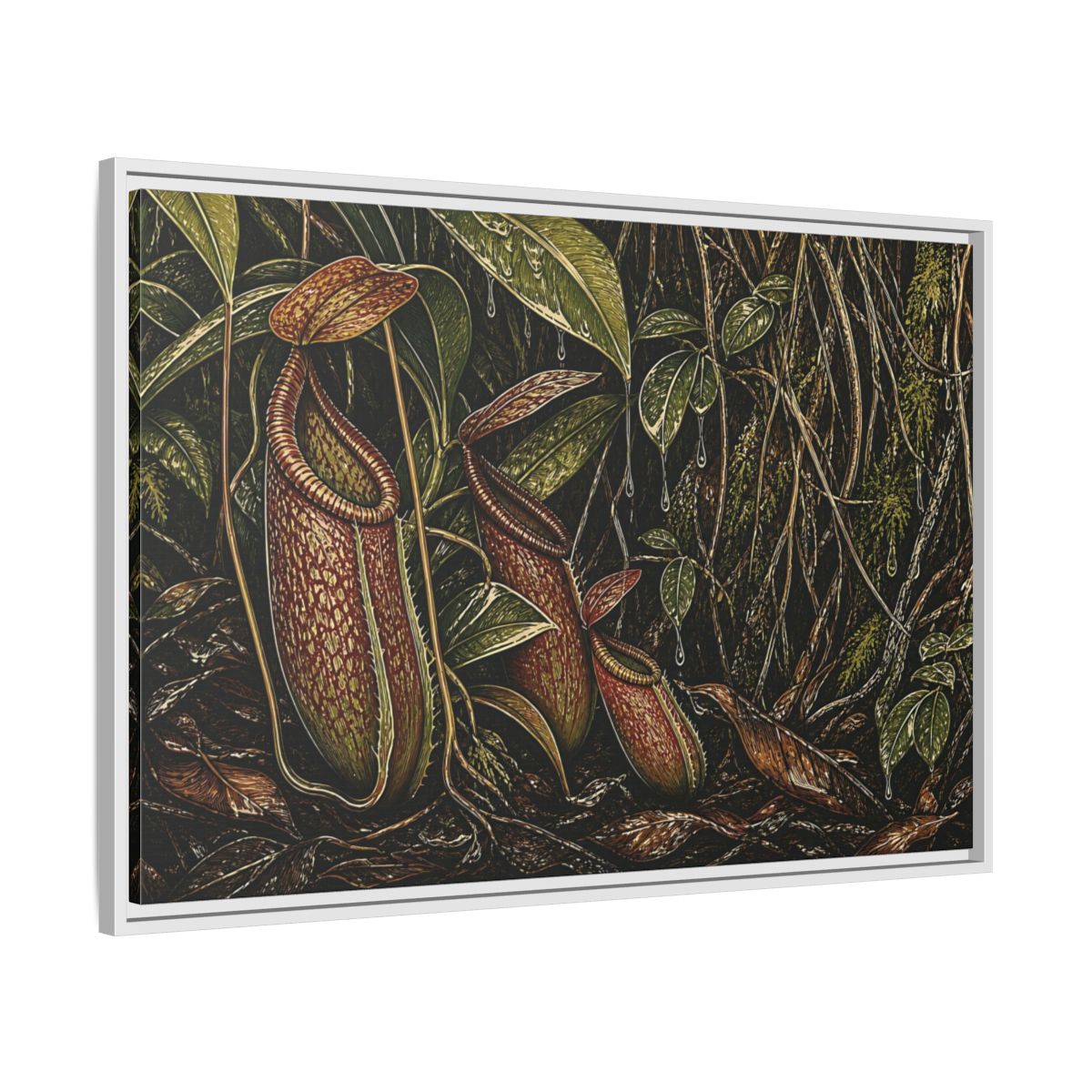 Side Mockup 9. Rainforest Pitcher Plants shown as framed canvas print