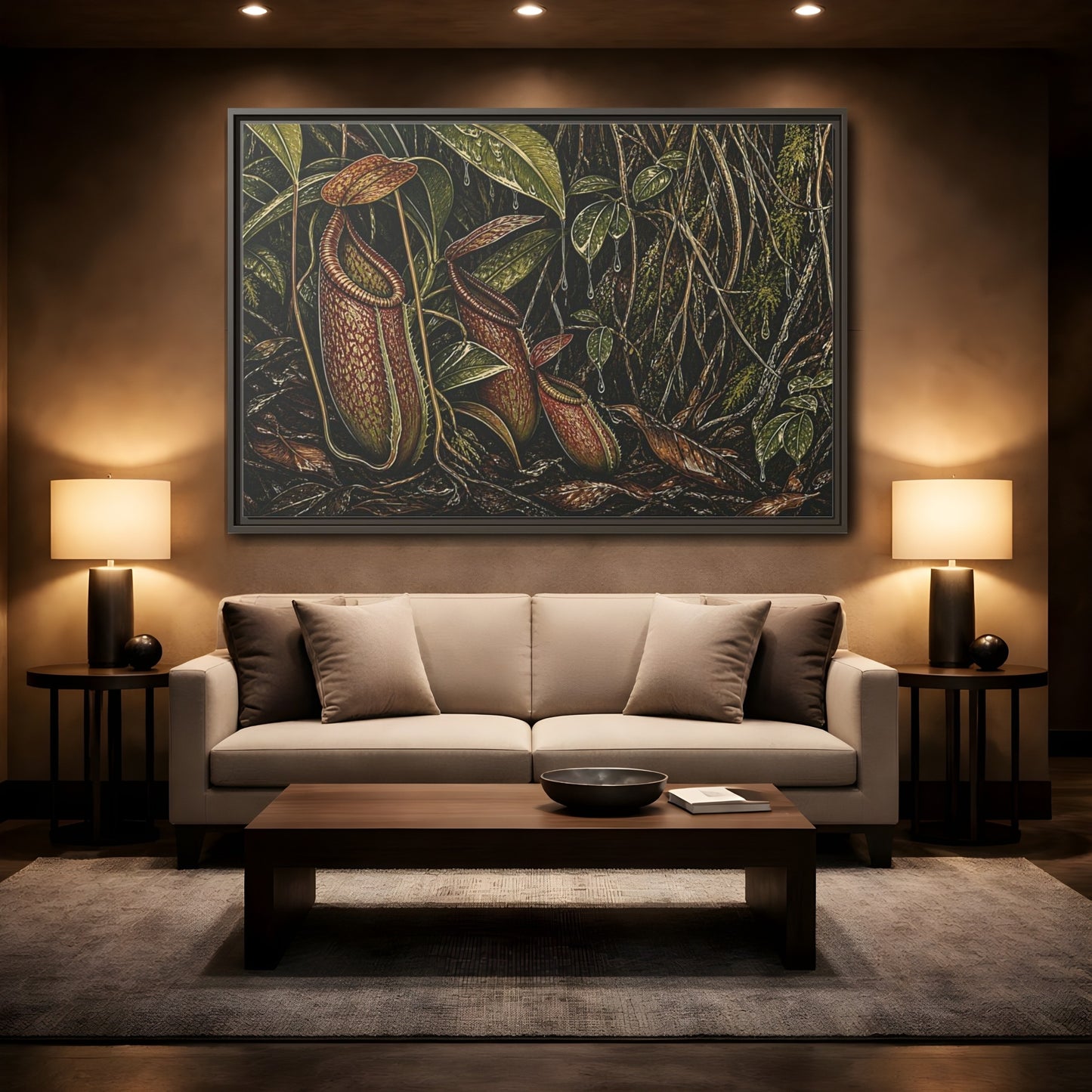 Mockup 2. Rainforest Pitcher Plants shown as framed canvas print