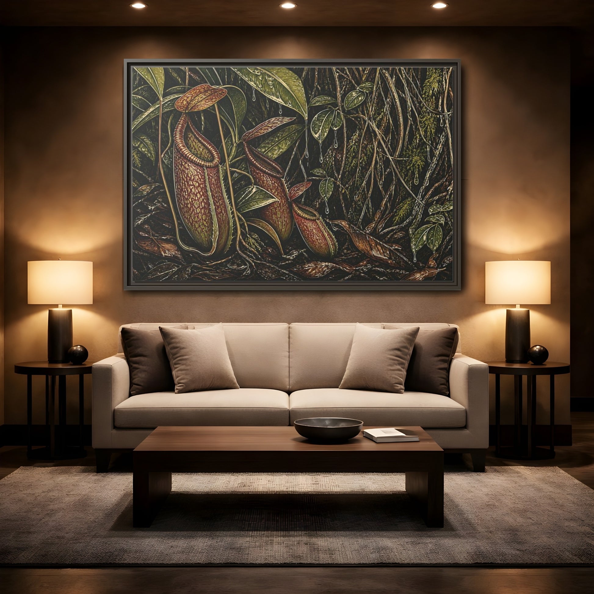 Mockup 2. Rainforest Pitcher Plants shown as framed canvas print
