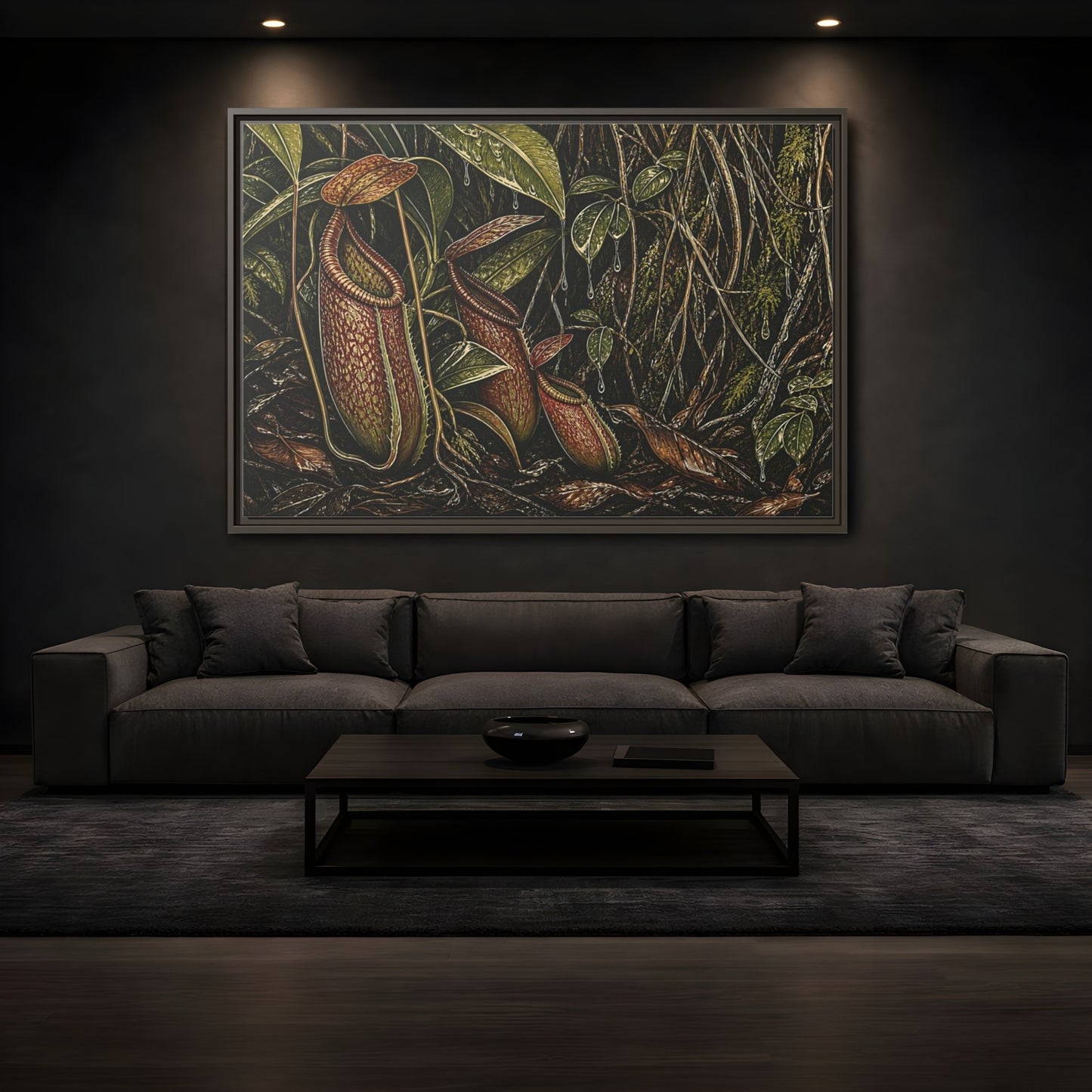 Mockup 3. Rainforest Pitcher Plants shown as framed canvas print
