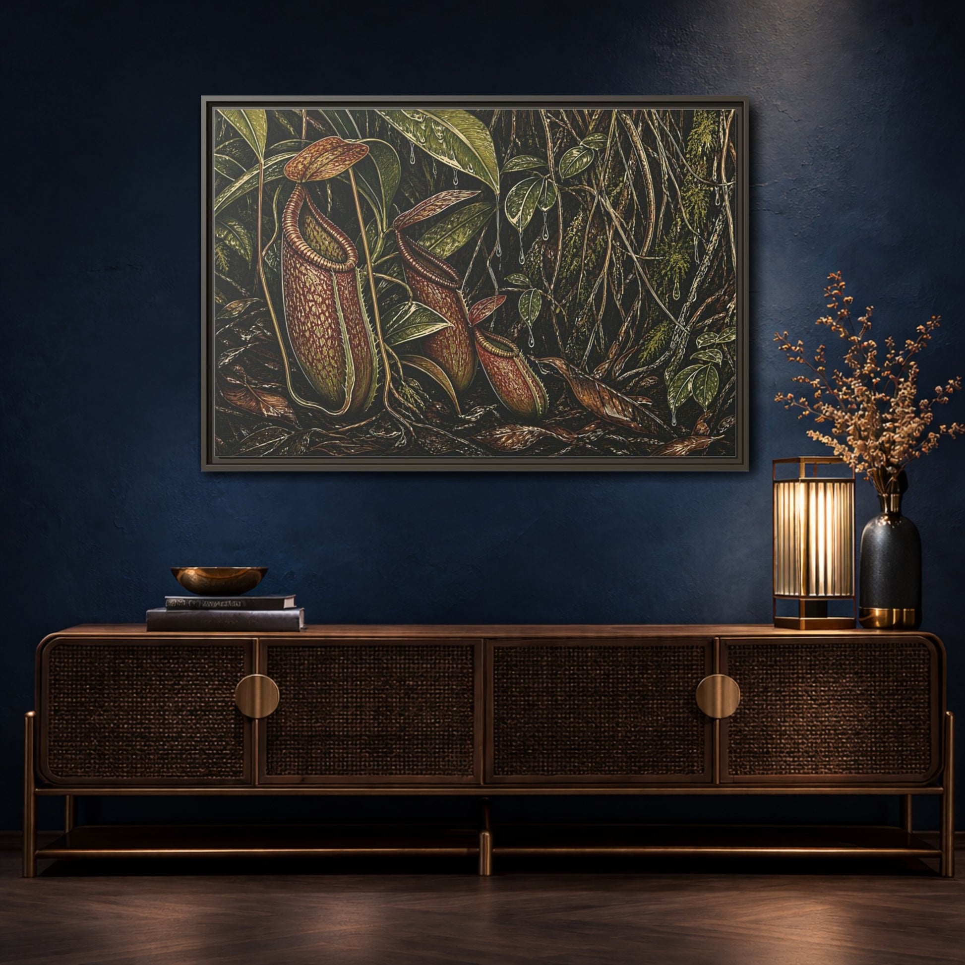 Mockup 4. Rainforest Pitcher Plants shown as framed canvas print