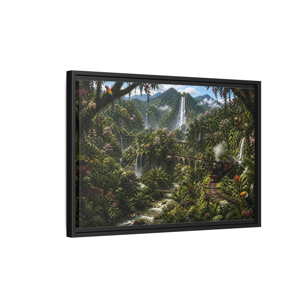 Side Mockup 3. Rainforest Train Adventure shown as framed canvas print