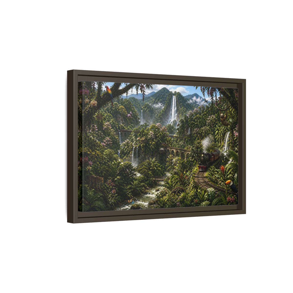 Side Mockup 5. Rainforest Train Adventure shown as framed canvas print