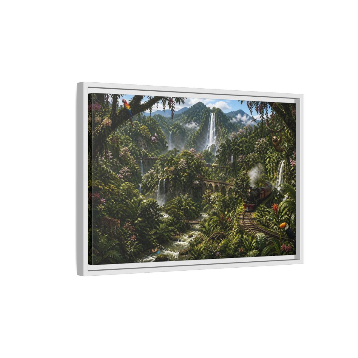 Side Mockup 1. Rainforest Train Adventure shown as framed canvas print