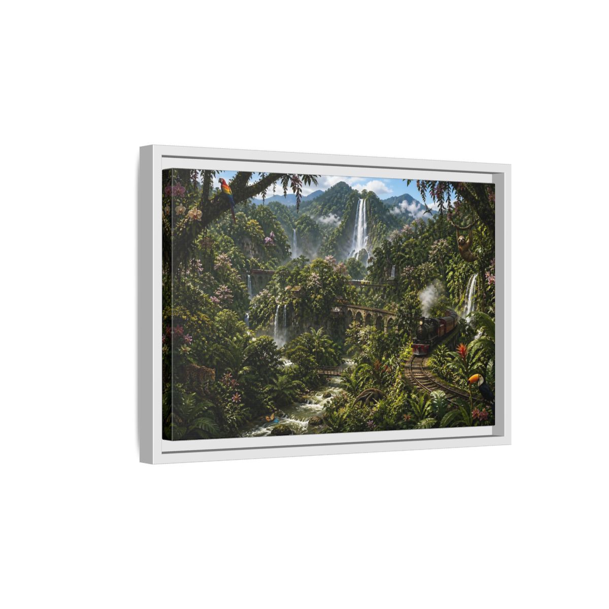 Side Mockup 4. Rainforest Train Adventure shown as framed canvas print