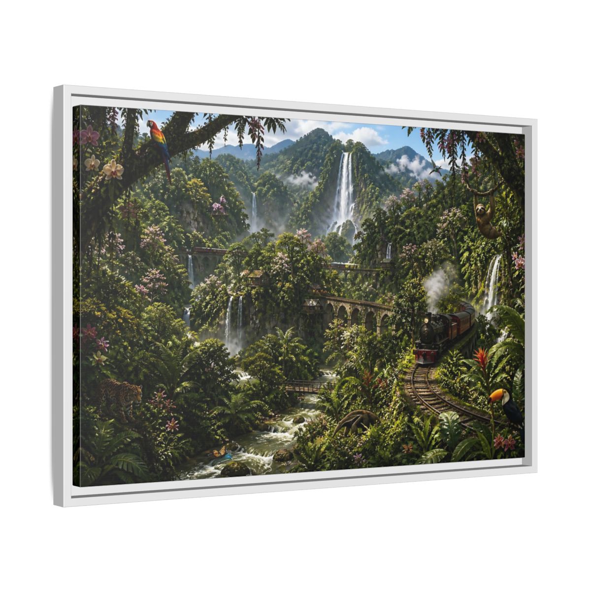 Side Mockup 10. Rainforest Train Adventure shown as framed canvas print