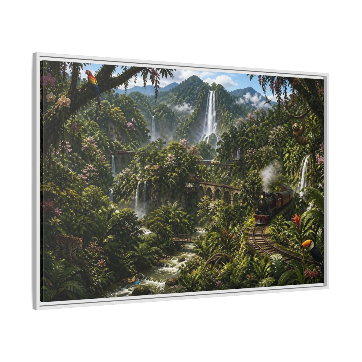 Side Mockup 7. Rainforest Train Adventure shown as framed canvas print