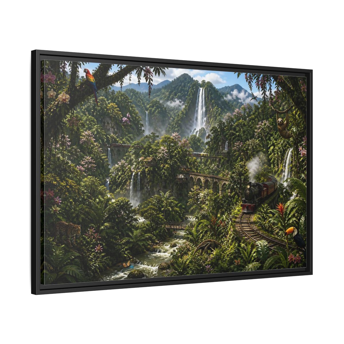 Side Mockup 13. Rainforest Train Adventure shown as framed canvas print