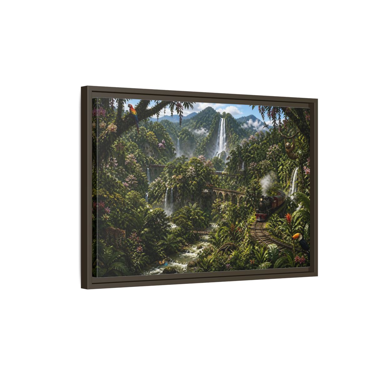 Side Mockup 2. Rainforest Train Adventure shown as framed canvas print