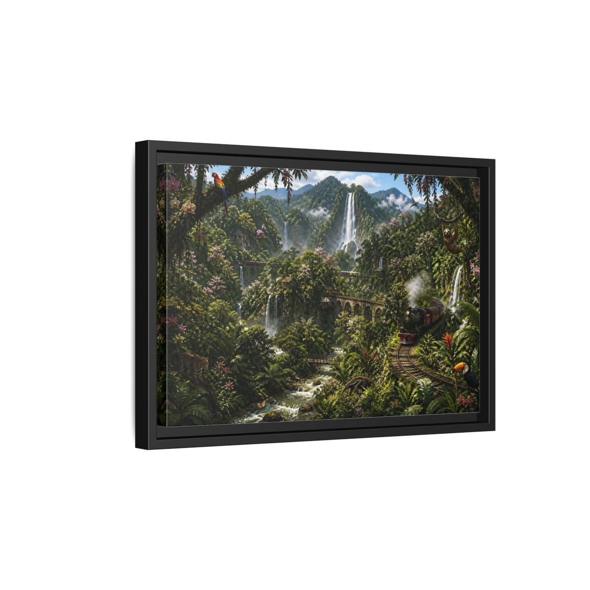 Side Mockup 6. Rainforest Train Adventure shown as framed canvas print