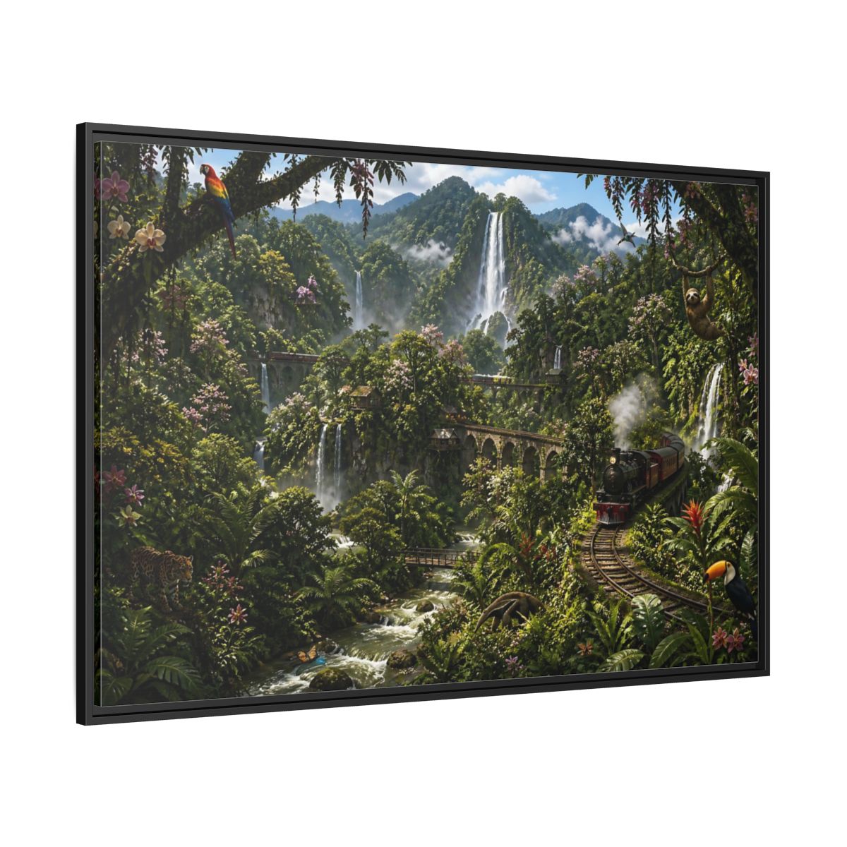 Side Mockup 12. Rainforest Train Adventure shown as framed canvas print